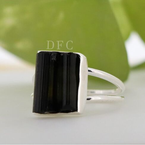 Black Tourmaline Ring | Raw Black Tourmaline Silver Ring | October Birthstone | Genuine Rough Tourmaline Handmade Ring | Sterling Silver 925 in Saudi Arabia