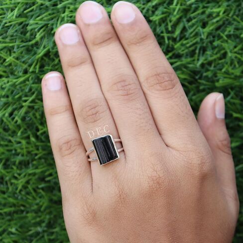 Black Tourmaline Ring | Raw Black Tourmaline Silver Ring | October Birthstone | Genuine Rough Tourmaline Handmade Ring | Sterling Silver 925 in Saudi Arabia