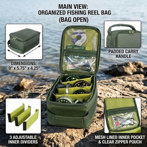 Fishing Tackle Bag Waterproof Fishing Bag Portable Fishing Reel & Gear Bag with 3 Adjustable Dividers for Spinning Baitcasting Fly Reels (Army Green) in Kuwait