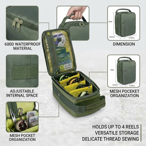 Fishing Tackle Bag Waterproof Fishing Bag Portable Fishing Reel & Gear Bag with 3 Adjustable Dividers for Spinning Baitcasting Fly Reels (Army Green) in Kuwait