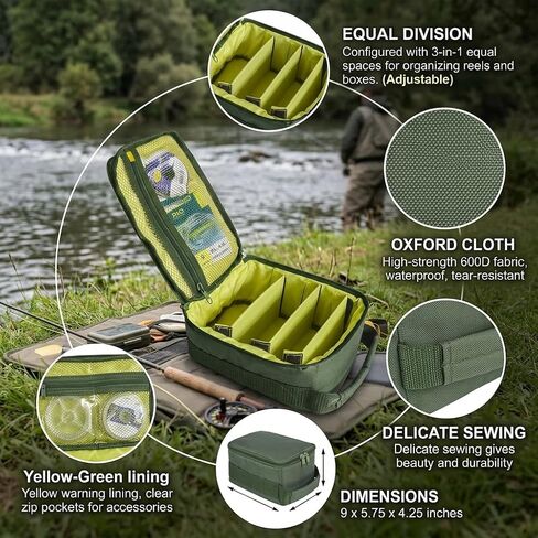 Fishing Tackle Bag Waterproof Fishing Bag Portable Fishing Reel & Gear Bag with 3 Adjustable Dividers for Spinning Baitcasting Fly Reels (Army Green) in Kuwait