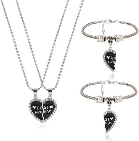 Best Friends Forever Necklace and Bracelet,Engraved puzzle friendship pendant necklace and bracelet set of 4, Silver Tone Alloy Rhinestone Necklace in Saudi Arabia
