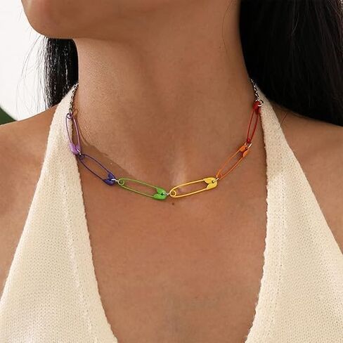KaFu Punk Colorful Rainbow Safety Pin Choker Necklace for Women Unique Minimalist Paperclip Necklace Hip Hop Party Jewelry in Kuwait