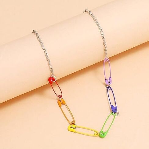 KaFu Punk Colorful Rainbow Safety Pin Choker Necklace for Women Unique Minimalist Paperclip Necklace Hip Hop Party Jewelry in Kuwait