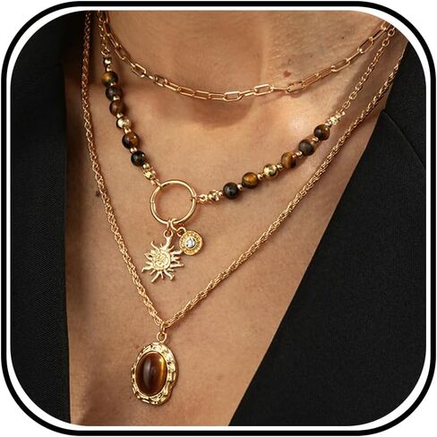 Gold Sun Necklace Stack Brown Necklaces for Women Tiger Eyes Beaded Layered Choker Necklace Vintage Dainty Hippie Jewelry Gifts for Women in Kuwait