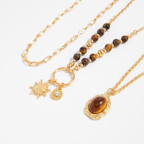 Gold Sun Necklace Stack Brown Necklaces for Women Tiger Eyes Beaded Layered Choker Necklace Vintage Dainty Hippie Jewelry Gifts for Women in Kuwait