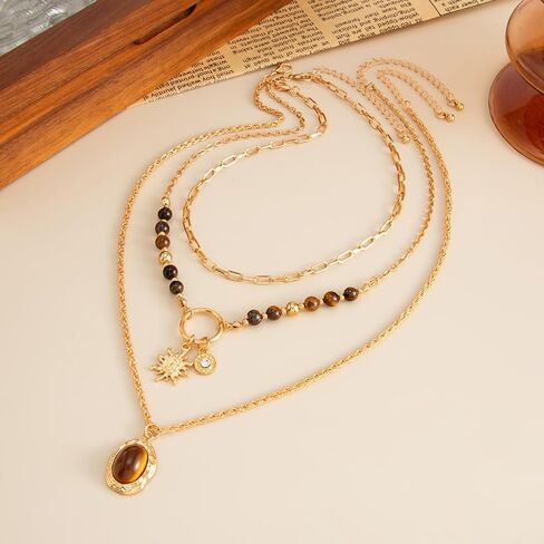 Gold Sun Necklace Stack Brown Necklaces for Women Tiger Eyes Beaded Layered Choker Necklace Vintage Dainty Hippie Jewelry Gifts for Women in Kuwait