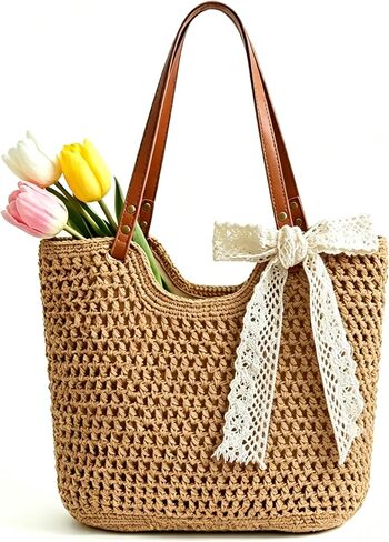 Crochet Beach Bag for Women, Boho Summer Tote with Zipper & Leak-Proof Lining, Large Capacity Travel Shoulder Purse in Saudi Arabia
