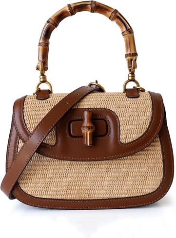Small Women Tote Bag, Bamboo Handle, Leather & Straw Woven Top Handle Crossbody Bags in Saudi Arabia
