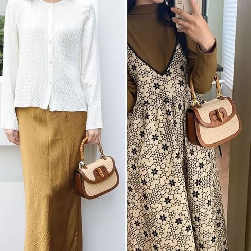 Small Women Tote Bag, Bamboo Handle, Leather & Straw Woven Top Handle Crossbody Bags in Saudi Arabia