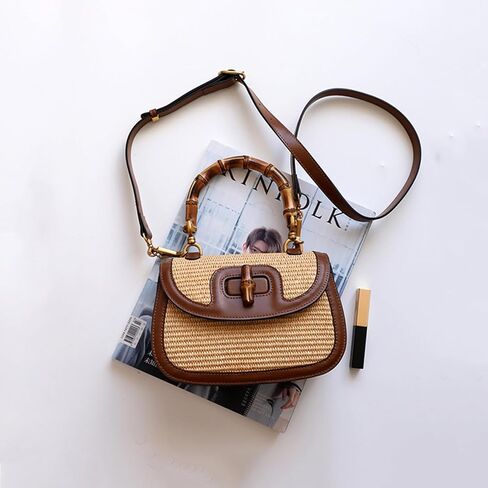 Small Women Tote Bag, Bamboo Handle, Leather & Straw Woven Top Handle Crossbody Bags in Saudi Arabia