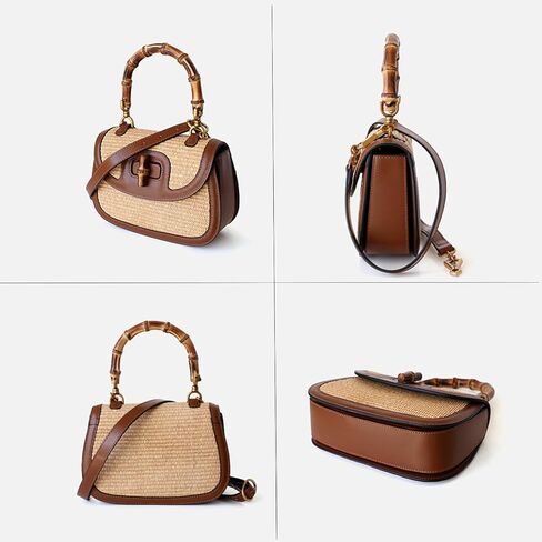 Small Women Tote Bag, Bamboo Handle, Leather & Straw Woven Top Handle Crossbody Bags in Saudi Arabia