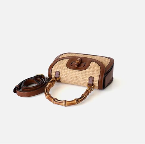 Small Women Tote Bag, Bamboo Handle, Leather & Straw Woven Top Handle Crossbody Bags in Saudi Arabia
