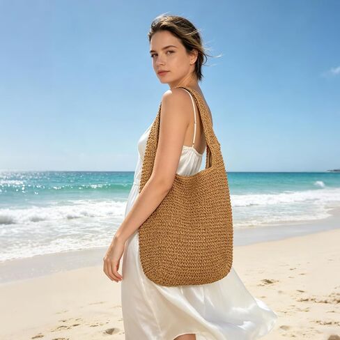 Women Straw Beach Bag Summer Soft Large Woven Shoulder Handbag, Handmade Crochet Tote Bag, Boho Woven Straw Bag in Kuwait