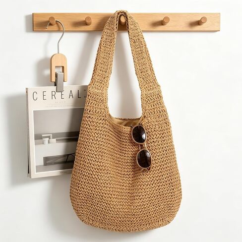 Women Straw Beach Bag Summer Soft Large Woven Shoulder Handbag, Handmade Crochet Tote Bag, Boho Woven Straw Bag in Kuwait