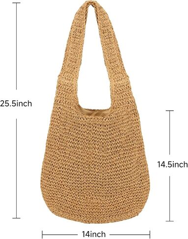 Women Straw Beach Bag Summer Soft Large Woven Shoulder Handbag, Handmade Crochet Tote Bag, Boho Woven Straw Bag in Kuwait