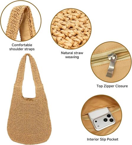 Women Straw Beach Bag Summer Soft Large Woven Shoulder Handbag, Handmade Crochet Tote Bag, Boho Woven Straw Bag in Kuwait