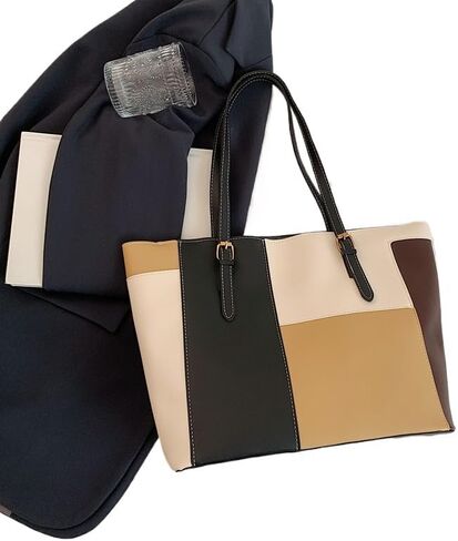 Big Bag Women's 2025 Fashion Korean Version Large Capacity Simple Shoulder Splicing Contrasting Color Tote Bag Handbag in Kuwait