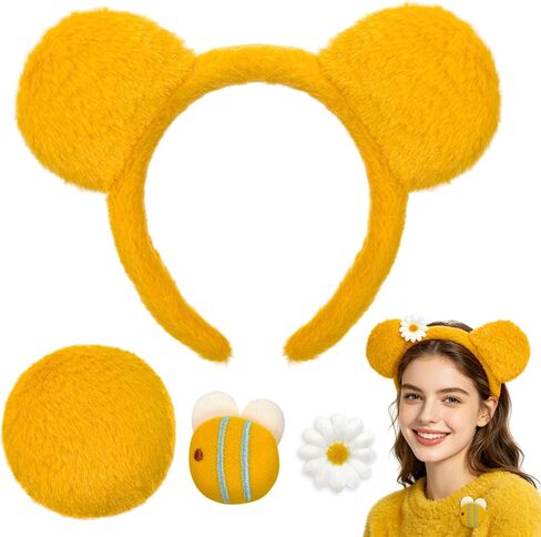 Yellow Bear Ears Headband Adult, Bear Costume Fur Animal Ear Hair Band for Women, Hallowen Costume Party, Cosplay, Festival, Photo Prop Accessories in Kuwait