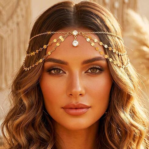 سلسلة رأس من Aukmla Boho، قطعة رأس ذهبية من حجر الراين للحفلات الراقصة، مجوهرات ذات طبقات للرأس للنساء in Kuwait
