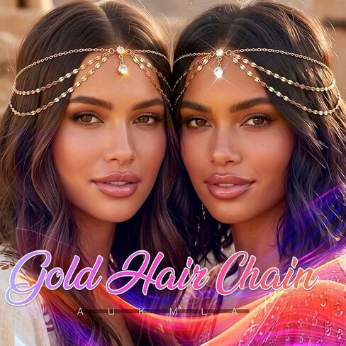 سلسلة رأس من Aukmla Boho، قطعة رأس ذهبية من حجر الراين للحفلات الراقصة، مجوهرات ذات طبقات للرأس للنساء in Kuwait