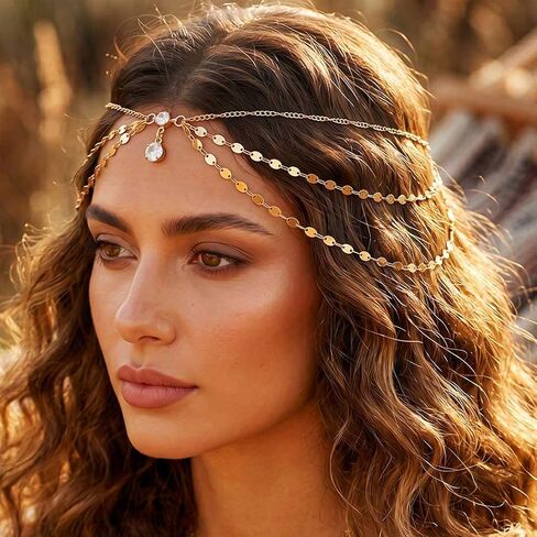 سلسلة رأس من Aukmla Boho، قطعة رأس ذهبية من حجر الراين للحفلات الراقصة، مجوهرات ذات طبقات للرأس للنساء in Kuwait