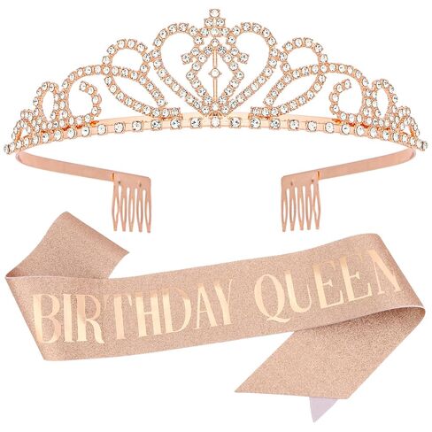 Casoty Rose Gold Birthday Crown and Sash for Women and Girls - Rhinestone Tiara, Happy Birthday gifts and Party Decorations in Saudi Arabia