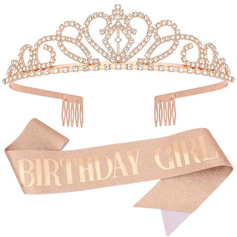 Casoty Rose Gold Birthday Crown and Sash for Women and Girls - Rhinestone Tiara, Happy Birthday gifts and Party Decorations in Saudi Arabia