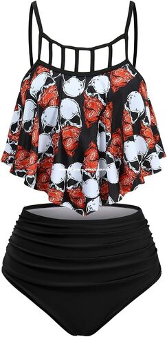DRESSFO Retro Bikini Sets for Women Two Piece Vintage Gothic Skull Print High Waisted Tankini Swimsuits Bathing Suit in Kuwait
