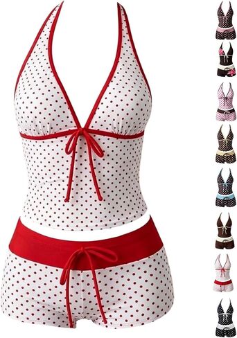 2 Pieces Bikini Set Polka dot Y2k Vintage Halter Tankini Top with Shorts Sexy Beach high Waist Swimsuit Vacation Outfit in Saudi Arabia