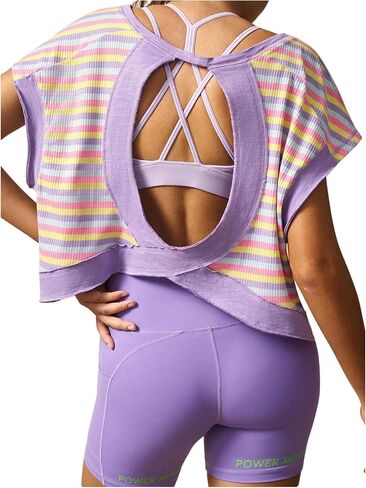 WDIRARA Women's Striped Workout Tops Open Back Dolman Sleeve Running Athletic Gym T Shirts in Kuwait