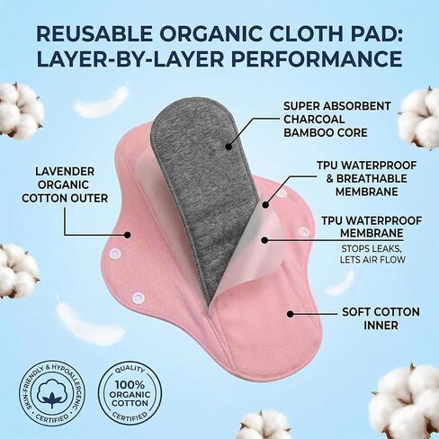 Graphene Reusable Incontinence Pads (6 Pack) - Washable Cloth Menstrual Pads for Heavy Flow, Leakproof Overnight Postpartum Pads for Women & Elderly, Odor Control & High Absorbency (Assorted Colors) in Saudi Arabia