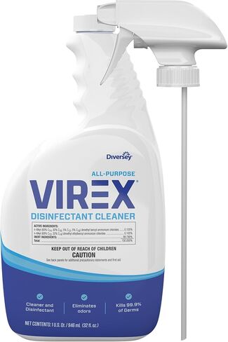 VIREX Diversey CBD540540 All Purpose Liquid Disinfectant Cleaner- Kills 99.9% of Germs and Eliminates Odors, Lemon Scent, Ready-to-Use Spray, 32-Ounce in Kuwait