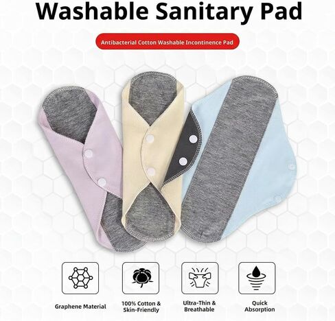 Graphene Reusable Incontinence Pads (6 Pack) - Washable Cloth Menstrual Pads for Heavy Flow, Leakproof Overnight Postpartum Pads for Women & Elderly, Odor Control & High Absorbency (Assorted Colors) in Saudi Arabia