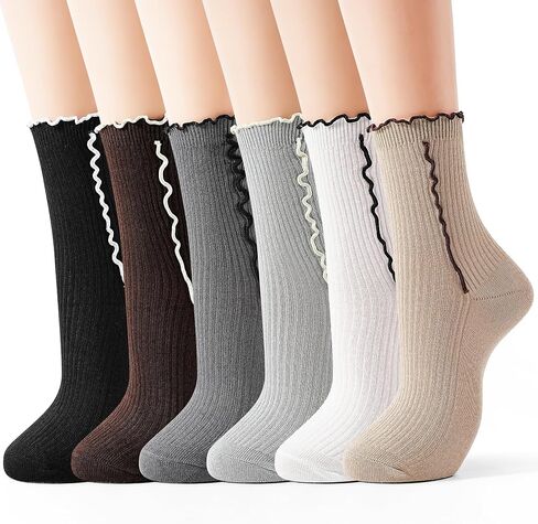 Jeasona Women Ruffle Crew Socks 6 Pairs, Soft Cotton Frilly Dress Socks, Cute Ribbed Ruffled Sock for Women Girls in Saudi Arabia