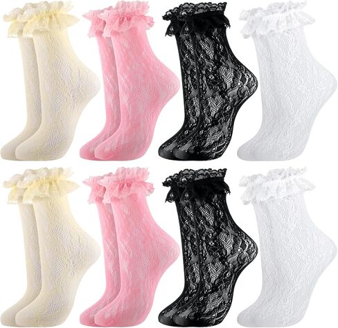8 Pairs Women's Lace Ruffle Ankle Socks Lolita Cute Frilly Crew Sock Sexy Mesh Lacy Trim Bootie Socks Princess Accessories for Women Size 5-8 in Saudi Arabia