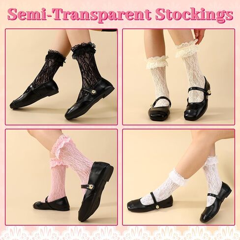 8 Pairs Women's Lace Ruffle Ankle Socks Lolita Cute Frilly Crew Sock Sexy Mesh Lacy Trim Bootie Socks Princess Accessories for Women Size 5-8 in Saudi Arabia