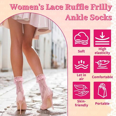 8 Pairs Women's Lace Ruffle Ankle Socks Lolita Cute Frilly Crew Sock Sexy Mesh Lacy Trim Bootie Socks Princess Accessories for Women Size 5-8 in Saudi Arabia