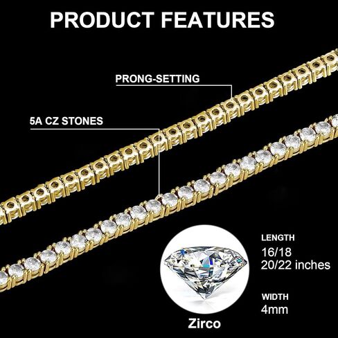 Diamond Tennis Necklaces for Women 4mm Gold Diamond Cubic Zirconia Tennis Chain for Women 22" in Saudi Arabia