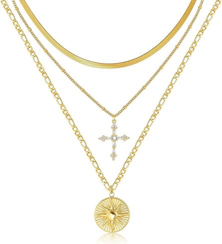 Gold Layered Necklace for Women - 3Pcs 18K Gold Plated Cross Necklaces, Stainless Steel Stackable Necklace Cuban Link Paperclip Chain Trendy Jewelry, Herringbone Choker Christmas Birthday Gift for in Saudi Arabia