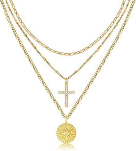 Gold Layered Necklace for Women - 3Pcs 18K Gold Plated Cross Necklaces, Stainless Steel Stackable Necklace Cuban Link Paperclip Chain Trendy Jewelry, Herringbone Choker Christmas Birthday Gift for in Saudi Arabia