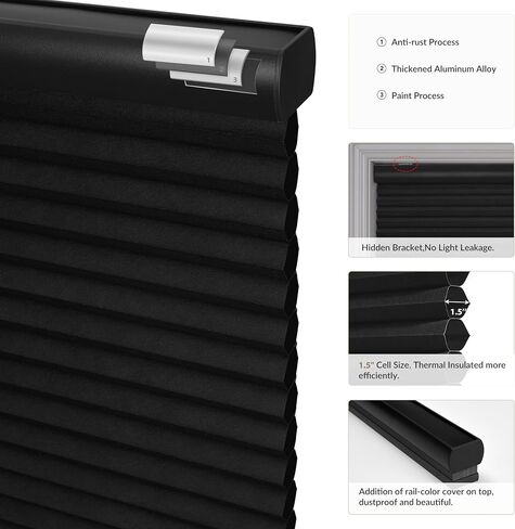 Boolegon Blackout Cellular Shades Cordless Windows Color-Matched Honeycomb Blinds Hidden Mounting 1.5 Inches Single Cell Cellular Blinds for Home, Blackout-Black, 16" W x 56" H in Saudi Arabia