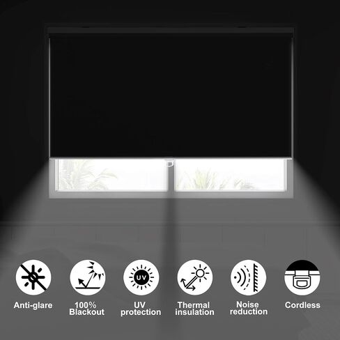 Boolegon Blackout Roller Shades for Windows Cordless Room Darkening Roller Blinds Black Out Window Shades for Home Office Bedroom Media Room Sliding Door Black,35.5" W x 36" H in Saudi Arabia
