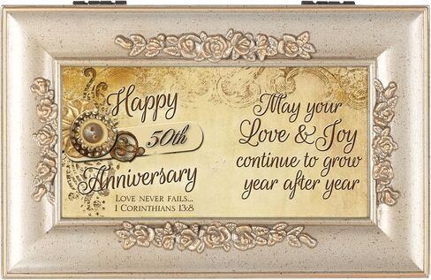 Cottage Garden Happy 50th Anniversary Champagne Silver Petite Rose Musical Jewelry Box Plays How Great Thou Art in Kuwait