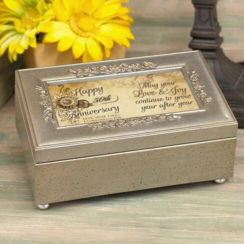 Cottage Garden Happy 50th Anniversary Champagne Silver Petite Rose Musical Jewelry Box Plays How Great Thou Art in Kuwait