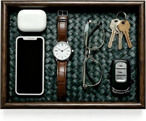 Wooden Valet Tray with Leather Base - United Organizer for Phone, Keys, Sunglasses, Jewelry, Perfume & Cosmetics, Nightstand、 Entryway、 Dresser、 Desk Storage Tray (Black) in Saudi Arabia
