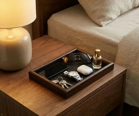 Wooden Valet Tray with Leather Base - United Organizer for Phone, Keys, Sunglasses, Jewelry, Perfume & Cosmetics, Nightstand、 Entryway、 Dresser、 Desk Storage Tray (Black) in Saudi Arabia