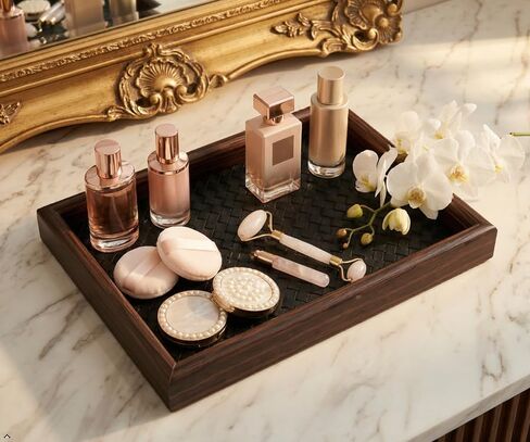 Wooden Valet Tray with Leather Base - United Organizer for Phone, Keys, Sunglasses, Jewelry, Perfume & Cosmetics, Nightstand、 Entryway、 Dresser、 Desk Storage Tray (Black) in Saudi Arabia