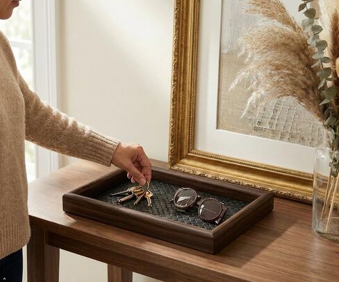 Wooden Valet Tray with Leather Base - United Organizer for Phone, Keys, Sunglasses, Jewelry, Perfume & Cosmetics, Nightstand、 Entryway、 Dresser、 Desk Storage Tray (Black) in Saudi Arabia
