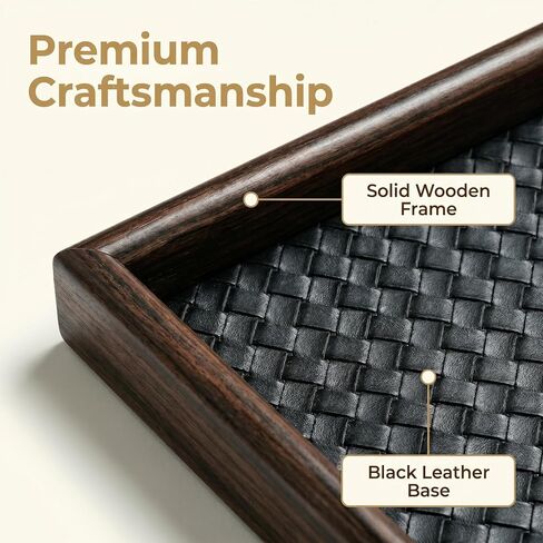 Wooden Valet Tray with Leather Base - United Organizer for Phone, Keys, Sunglasses, Jewelry, Perfume & Cosmetics, Nightstand、 Entryway、 Dresser、 Desk Storage Tray (Black) in Saudi Arabia
